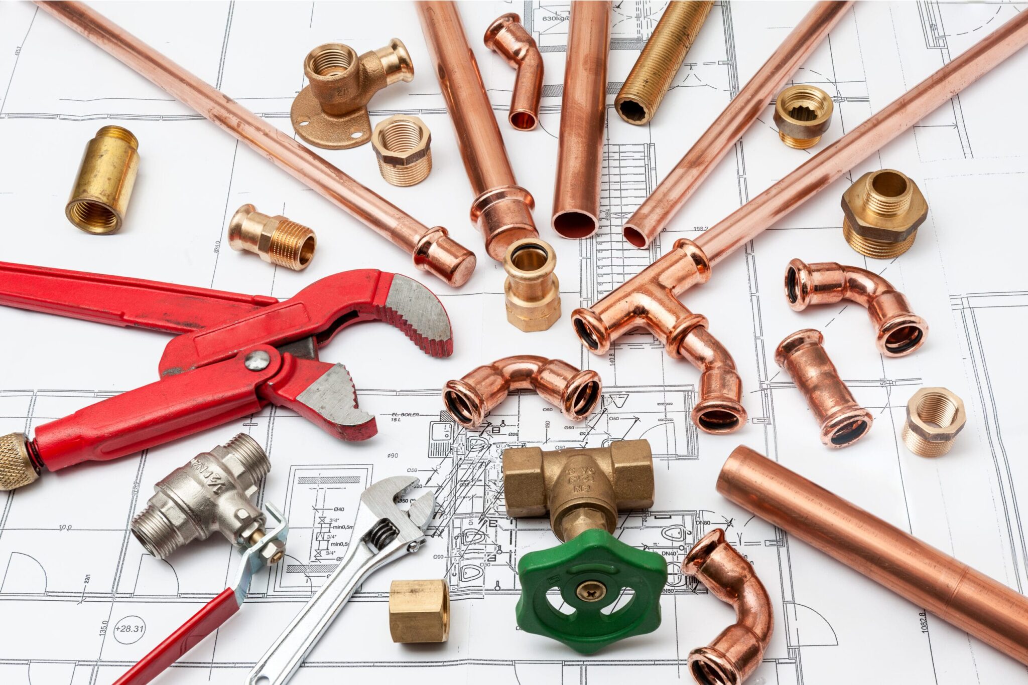 Copper pipes, fittings, valves, and plumbing tools in Beaumont